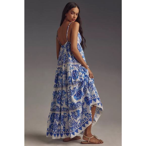 FARM Rio Flowerful Birds Maxi Dress Size XL Blue White Cotton V-Neck Boho Resort - Picture 2 of 12